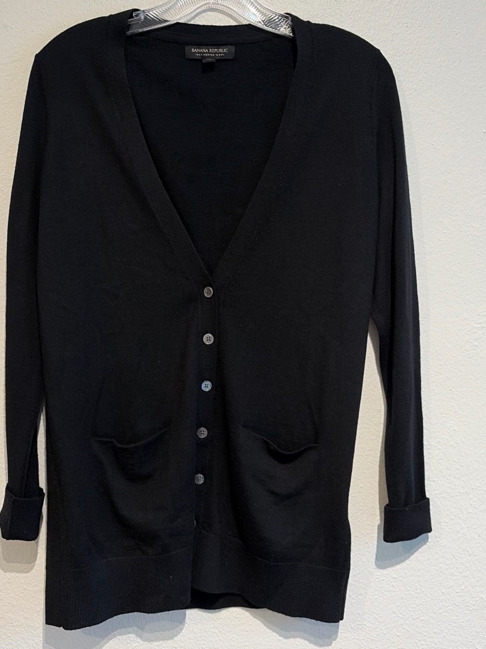 Banana Republic 100% Merino Wool Black Button Up Cardigan Front Pockets